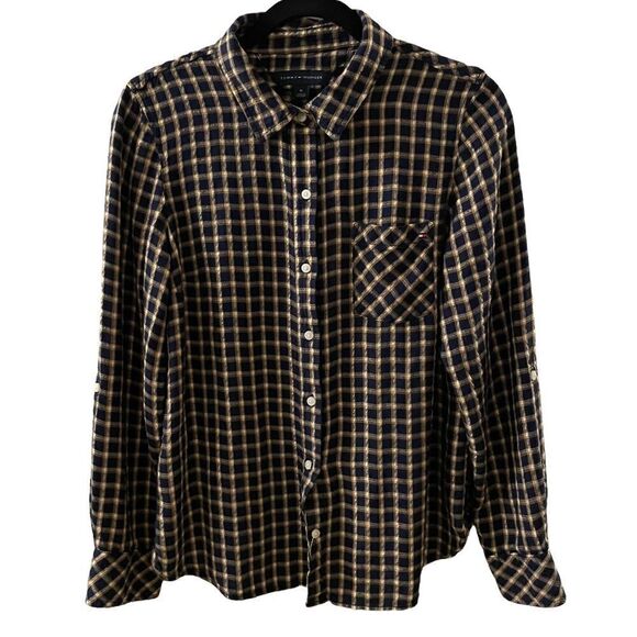 Tommy Hilfiger ~ Navy, yellow plaid shirt ~ size M - Picture 1 of 10